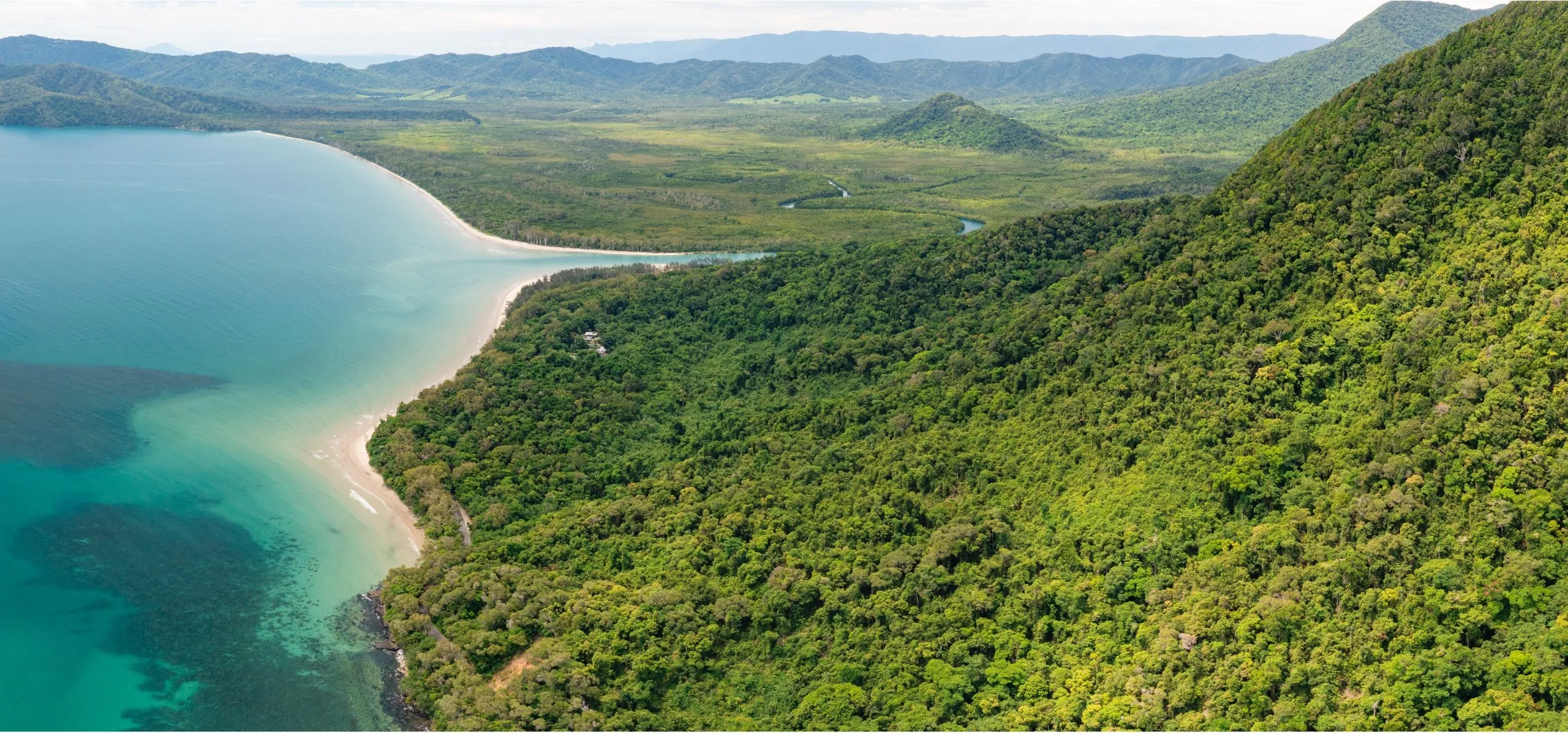 Aerial view of tropical coastline and rainforest in Queensland